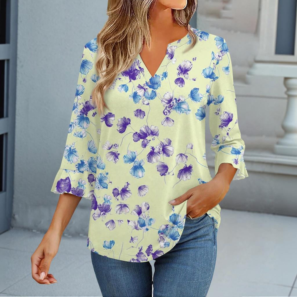 3/4 Sleeve Tops For Women T-Shirt Casual Flared Sleeves Print Tunic V Neck Pullover Blouse
