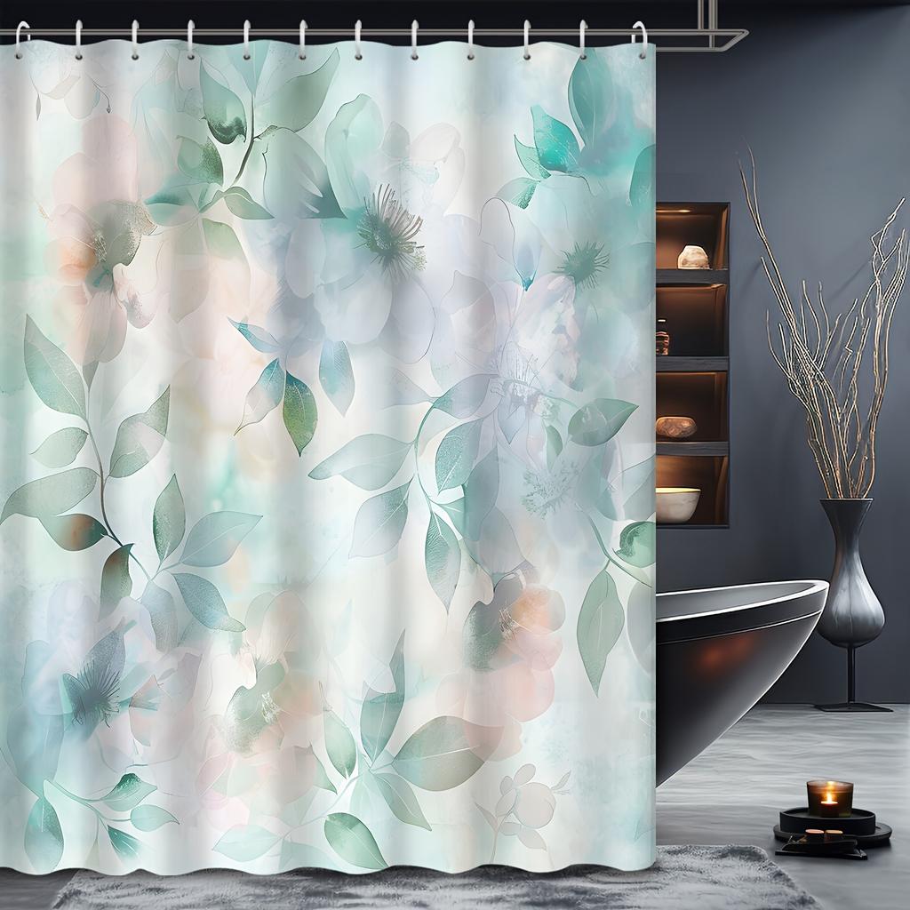 1Pc Green Theme Creative Abstract Art Green Leaf Decorative Shower Curtain, 12 Hooks Bath Curtain, Bathroom Decoration