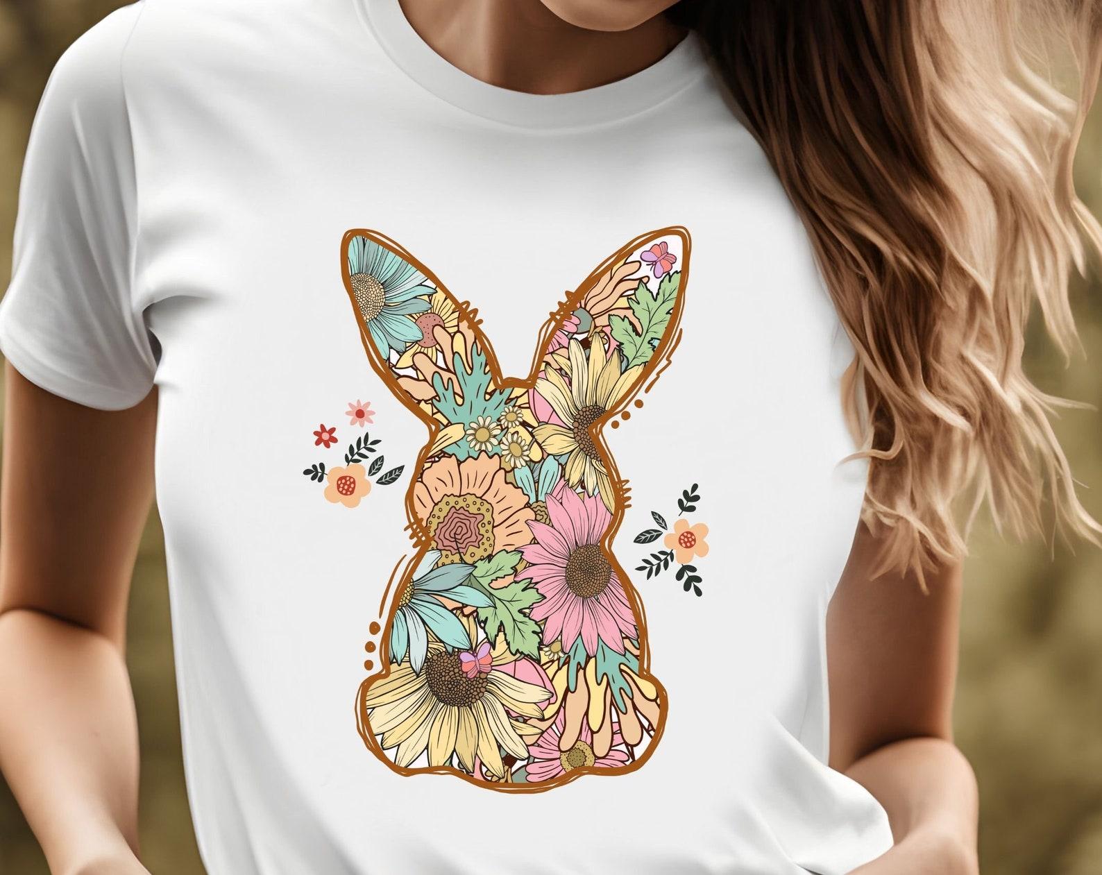 Boho Rabbit tshirt, easter shirt, rabbit and flowers, rabbit sublimation, easter gift L
