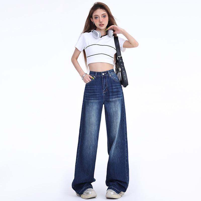 Retro blue embroidered straight jeans women's high waist summer new American loose mopping wide-leg pants