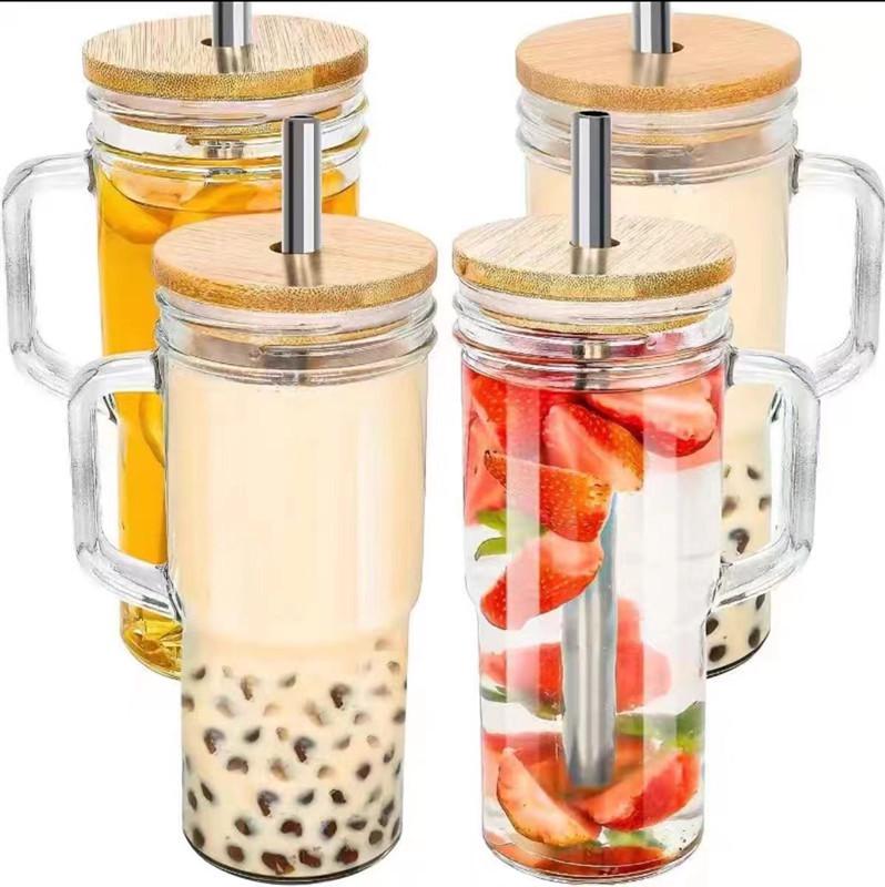 24oz Mason Jar with Wooden Lid & Handle, Straw, Ice Buster Design for Milk Tea