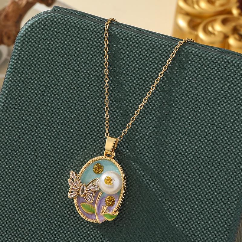 Monet-Inspired Flower Pendant Necklace, Hand-Painted, High-End Stainless Steel Clavicle Chain, New Chinese Style