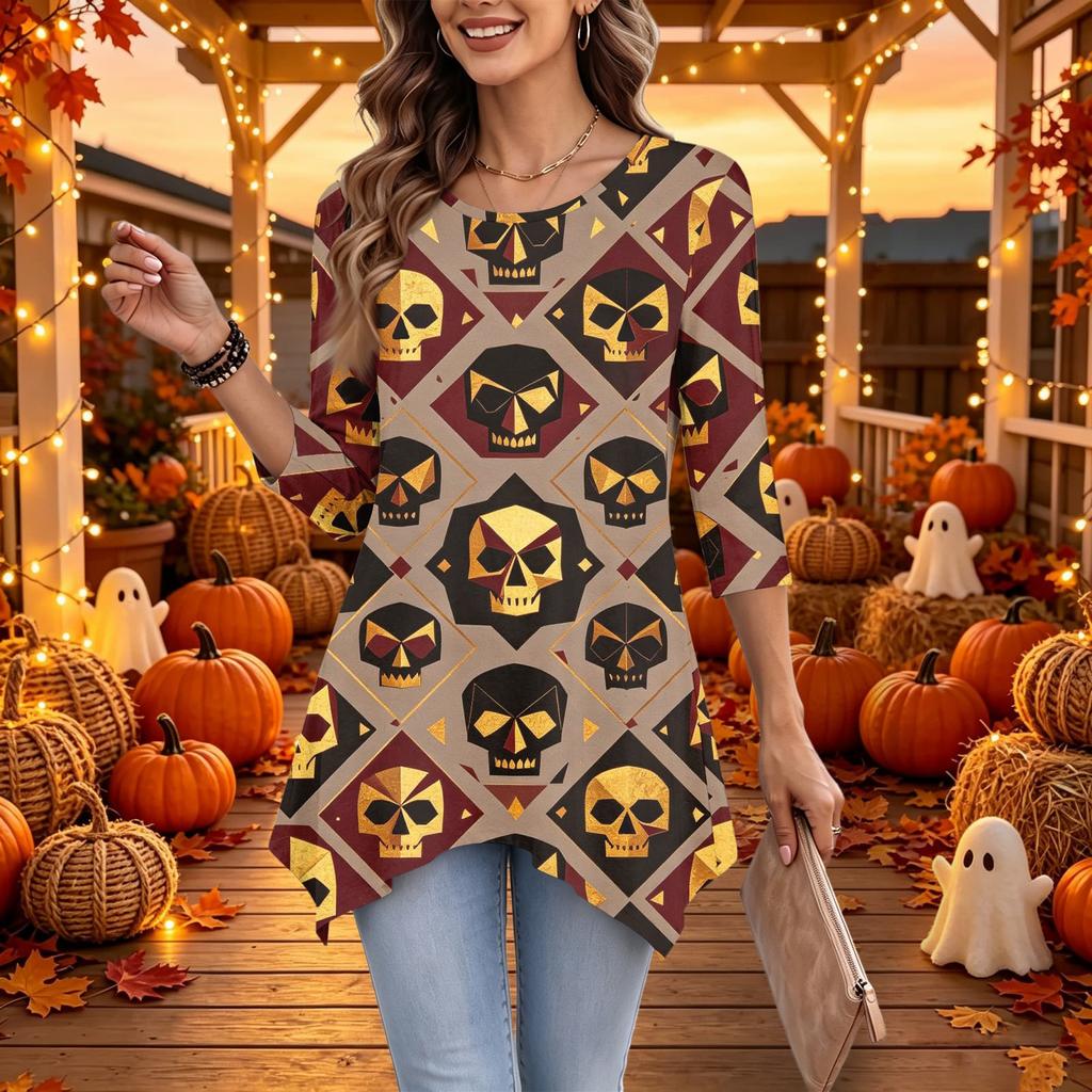 Women's Casual Halloween Print Top, Loose Fit Three-Quarter Sleeve