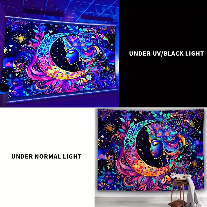 2D Vibrant Moon Goddess Tapestry, Floral Starry Night Wall Tapestry, Bohemian Aesthetic Home Decor