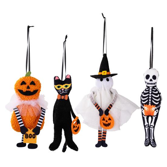 

Плюшевая Хэллоуинская игрушка Маленький Черный Кот/Тыква/Привидение/Скелет Подвесное украшение для праздничной елки 4pcs