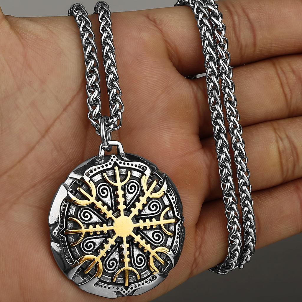 Viking Odin logo compass, titanium steel pendant, European and American style, stainless steel pendant necklace, including 60cm keel chain