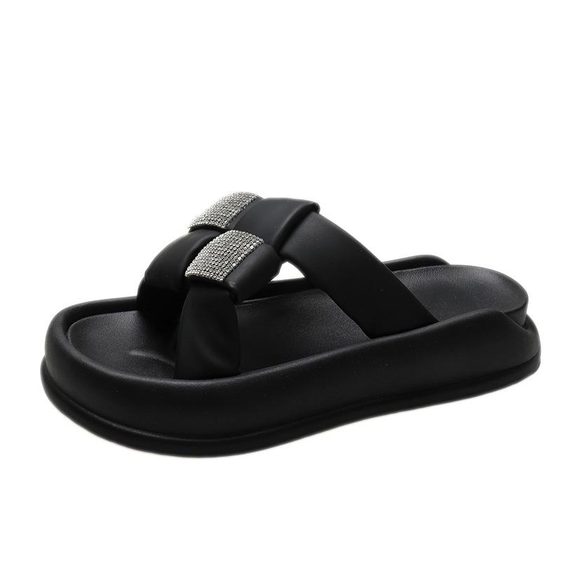 Outer Wear One Word Slippers Summer Muffin Thick Bottom Rhinestone with Skirt Wear Thin Beach Sandals Female Fashion Women Summer Breathable Shoes