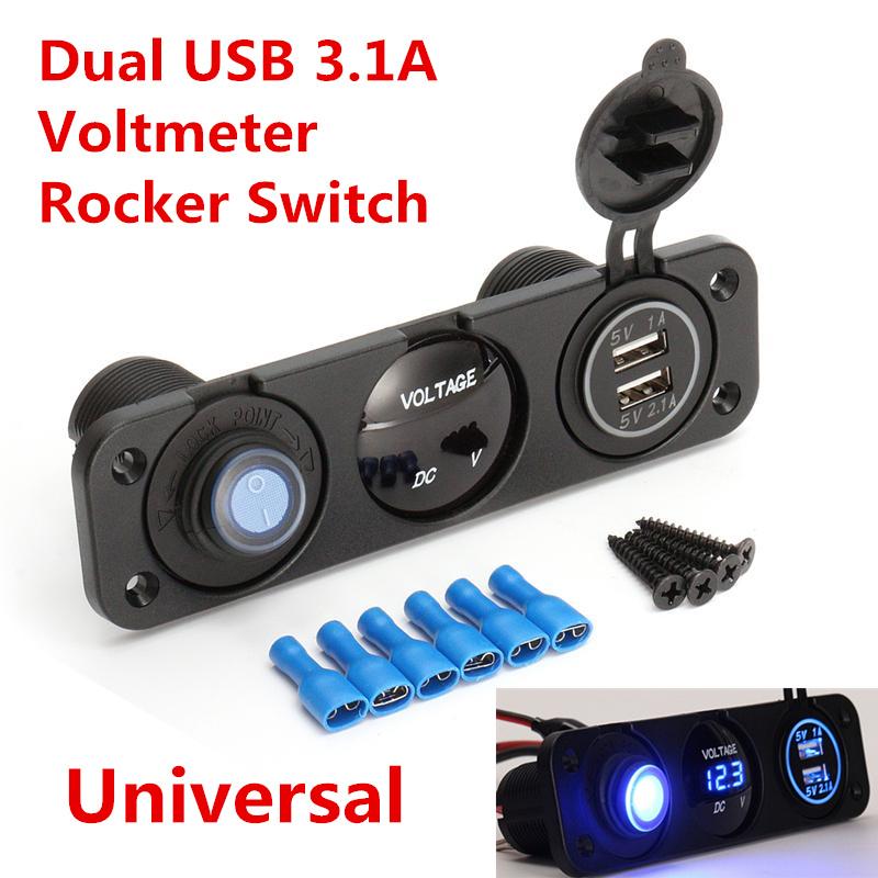 Car Charger Rocker Switch Cigarette Lighter Multifunctional Dual USB 3.1A Black