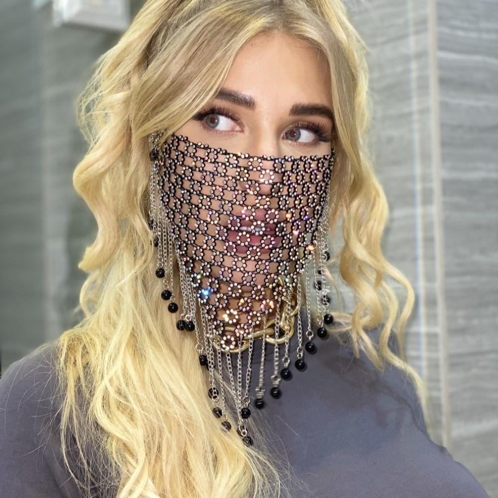 Tassel Face Cover Fishing Net Masquerade Mask Delicate Rhinestone Mask  Dance Party