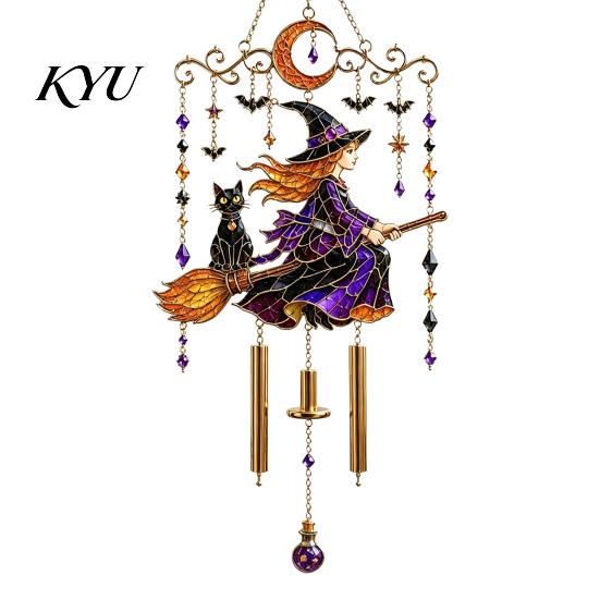 Easy Installation Metal Chain Ornaments Halloween Stained Glass Style Wind Chime, Acrylic Suncatcher Hanging Ornament with Ghost Black Cat Chimes
