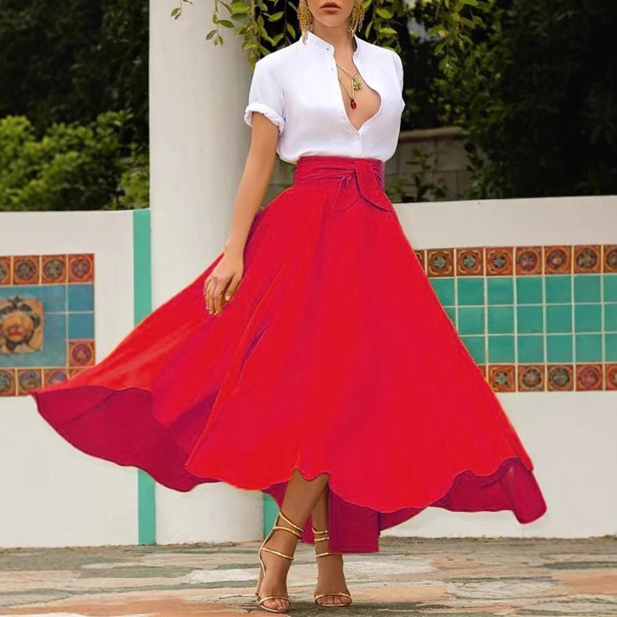 

Винтажные женские плиссированные юбки макси в стиле бохо с высокой талией, бантом, для вечеринки, конфетного цвета, элегантные женские плиссированные юбки макси XXL красный