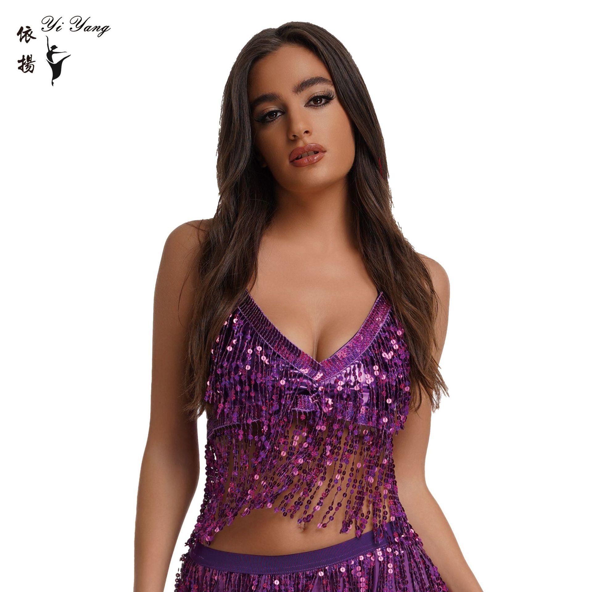 

Регулируемый ремень для танца живота, костюм для танца живота, бюстгальтер с подкладкой, топ с лямкой на шее, блестки, наряды для выступлений One size озеро синий