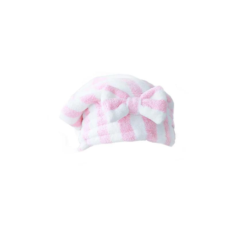 Coral Fleece Cationic Bow Dry Hair Cap, Microfiber Absorption and Quick-drying Striped Shower Cap