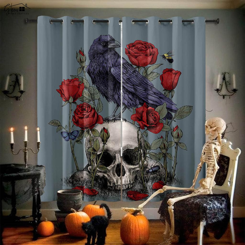 Skull Rose Curtains Retro Tricky Dark Ins Secret Room Bar Bedroom Halloween Christmas Holiday Decoration Curtains 2PCS