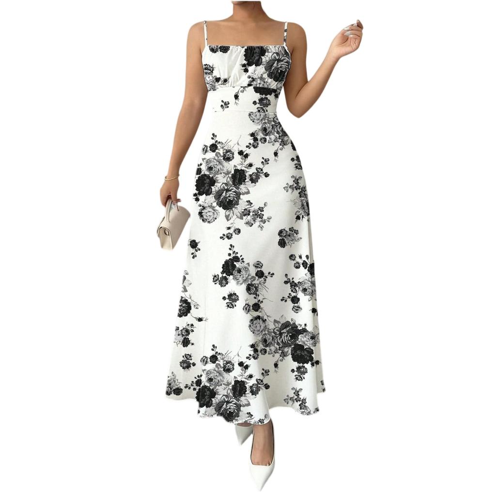 Women’s Sleeveless Spaghetti Strap Long Dress with Floral Print Lightweight Fabric and Square Neckline for Summer