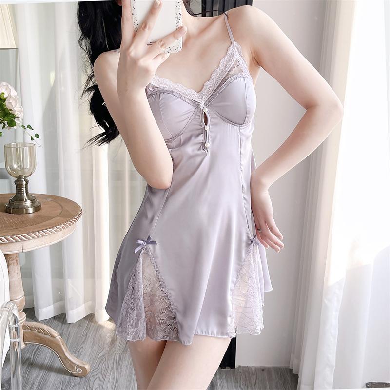 Dámská noční košile a župan Set Noční košile Sexy Patchwork Krajka Intimní spodní prádlo Noční košile Růžový satén Svatba Šaty Volné domácí oblečení