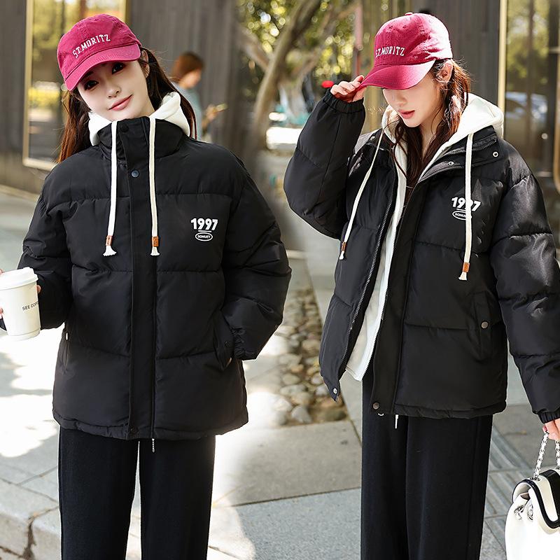 2025 Fake Two Pieces Hooded Down Cotton Clothes Jacket Winter Girl Bread Suit Student Short Thickened Padded Jacket