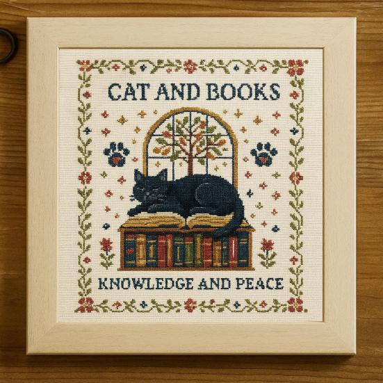 Cross Stitch Crafting Kit Cat And Book Cross Stitch Kit DIY Embroidery Set with Kitten Design Fabric Threads Needle Gift for Beginners Cat Lovers