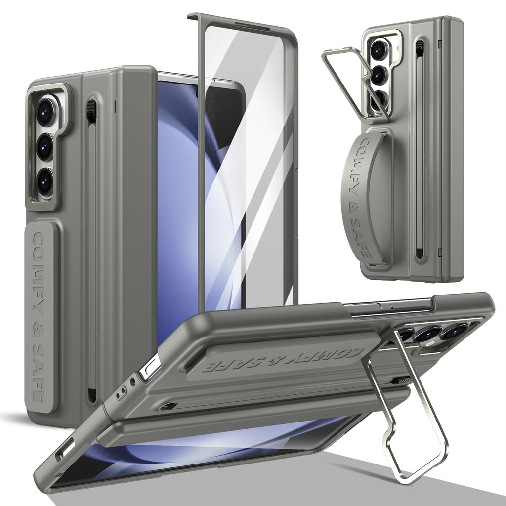 Folding Case with Stylus for Samsung Z Fold 4 5 6 7 Aluminum Alloy Lens Frame Holder Silicone Built-in Strap Glass Screen Film