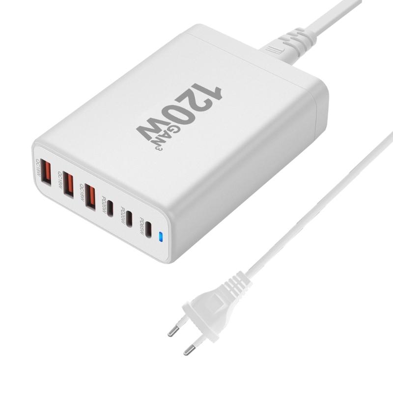 Portable 120W USB Charging Station with 6 Port, 3 Type C PD and 3 USB A for Phones Tablets Simultaneous Device Charging