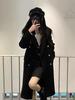 Women's Japanese Style Black Double-Breasted Woolen Coat - Mid-Length, Autumn/Winter 2025 Collection.
