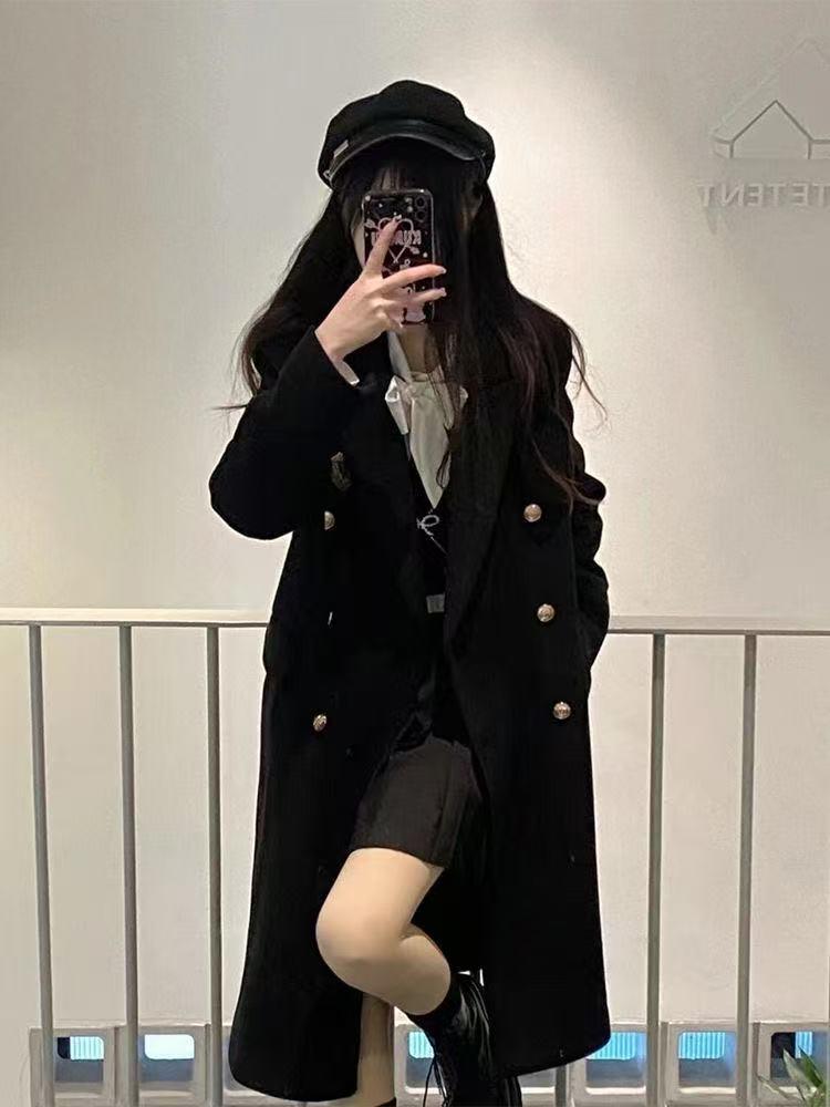 Women's Japanese Style Black Double-Breasted Woolen Coat - Mid-Length, Autumn/Winter 2025 Collection.