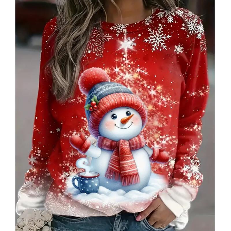 

2025 Осень и Зима Женский Новый Повседневный Топ с Круглым Вырезом и Длинным Рукавом с 3D Рождественским Узором 8XL красный