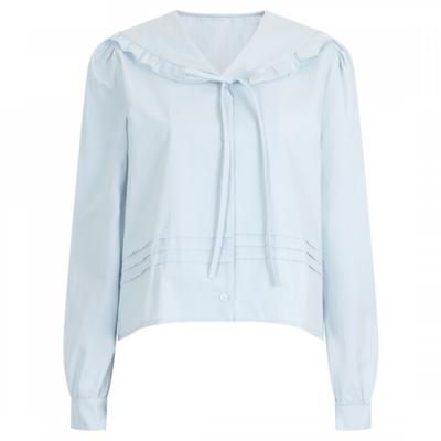 Shop   Women Frill Peter Pan Collar Ribbon Lovely Blouse Sky Blue Som Wbl 20336