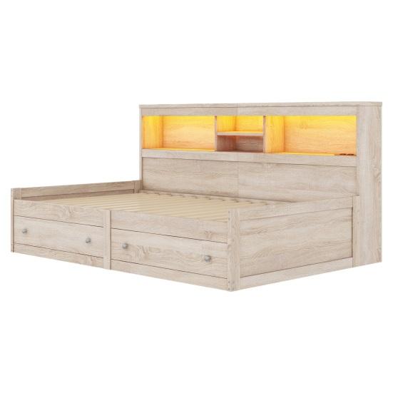 Single Bed Daybed 90x200cm Sofa Bed Bedside Cabinet with 2 USB And Charging Sockets Youth Ambient Lighting Two Drawers Slatted Frame (without