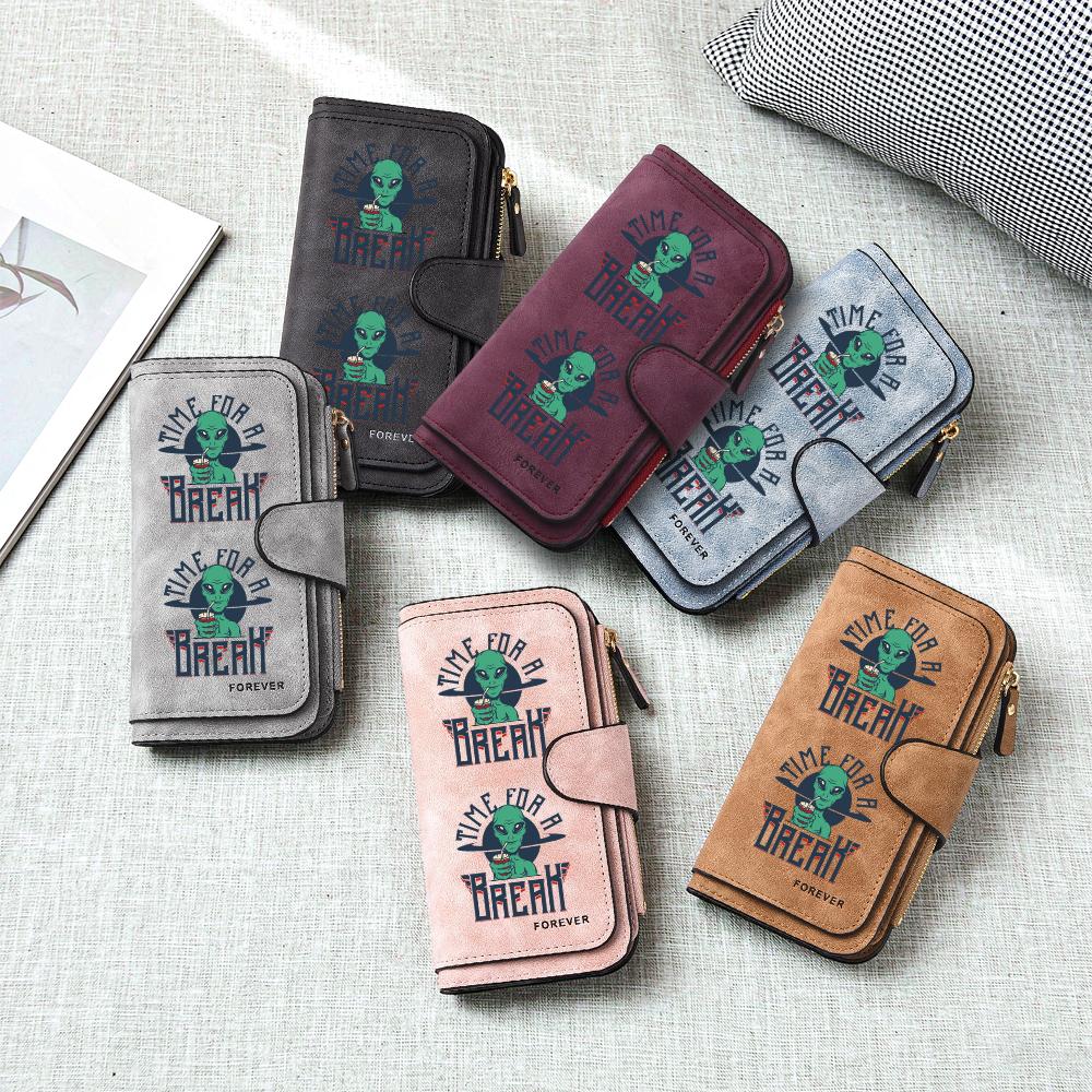 Creative Alien Print Long Wallet Large Capacity PU Leather Multi Card Slot Fashion Leisure Zipper Wallet