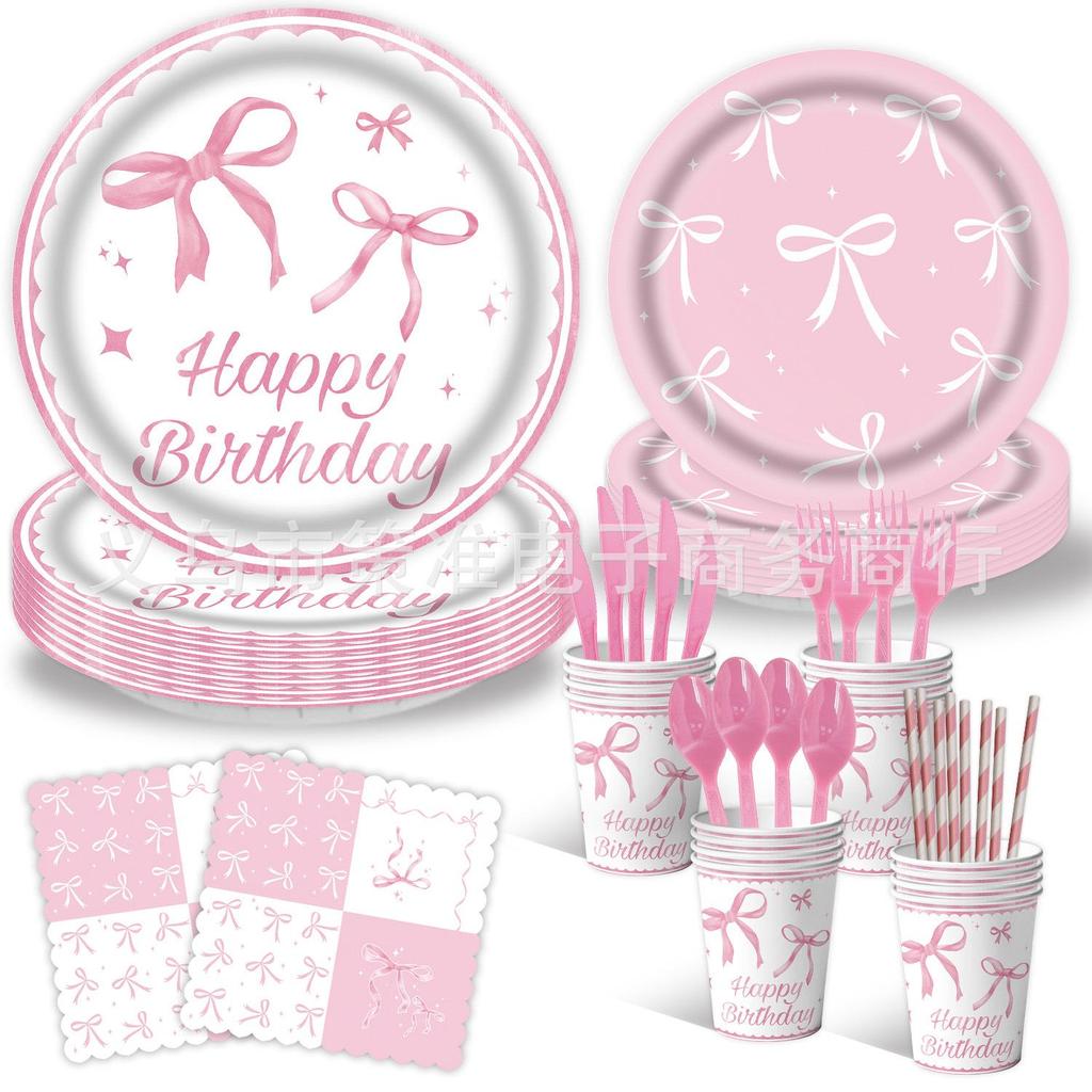Pink Bow Birthday Party Disposable Tableware Set