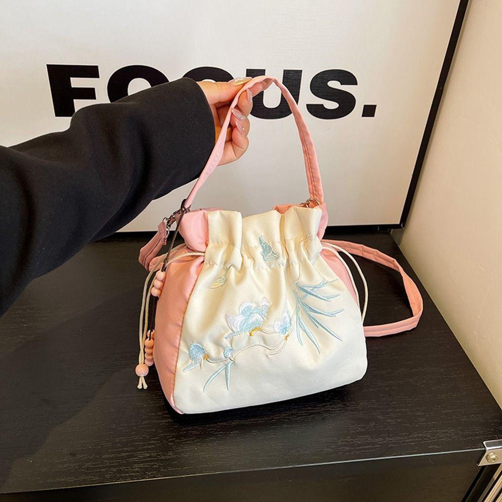 

Ethnic Style Embroidery Drawstring Bucket Bag Flower Hanfu Crossbody Bag Daily зелений