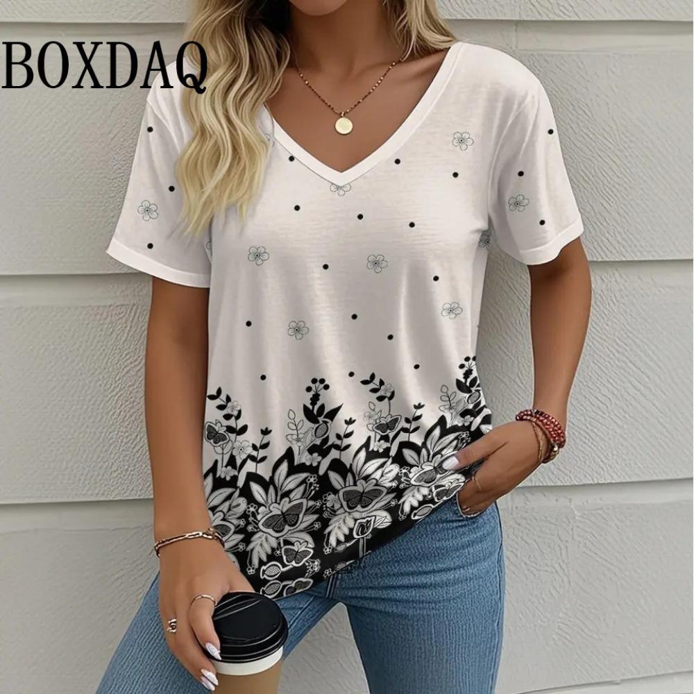 Summer Casual Loose Short Sleeve T Shirt Vintage V-Neck Flowers Printed Women's Tee Tops