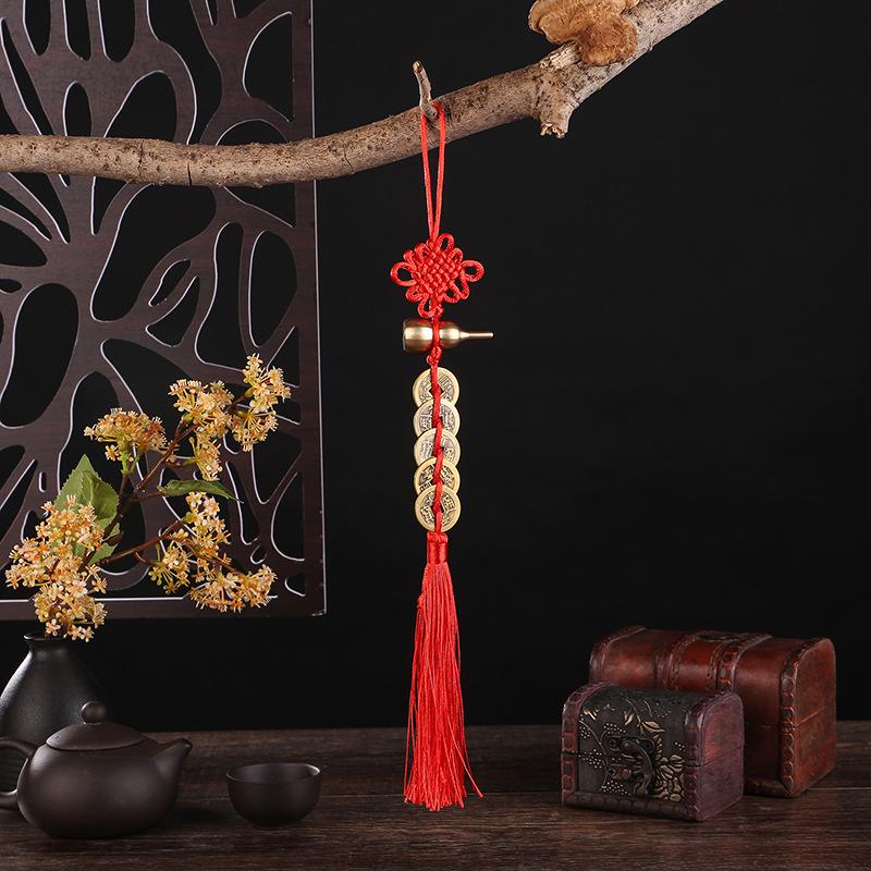 Brass Five Emperors Coins Knot Pendant with Cinnabar Fillable Copper Gourd