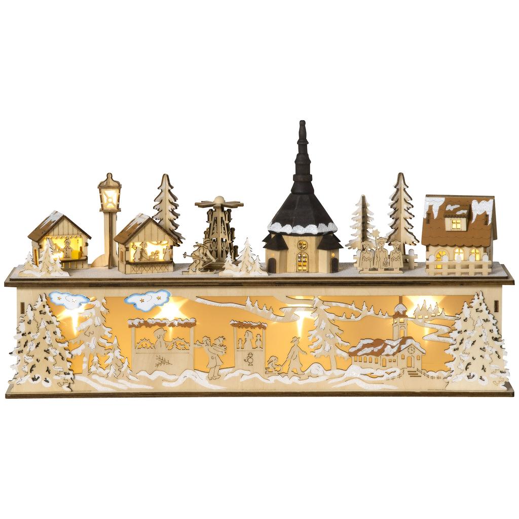 Christmas decoration, Christmas village, 10 LEDs, warm white light, 45 x 10 x 25 cm, wood decor