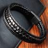 Men's Black Leather Bracelet Stainless Steel Double Layer Braided Wristband Fashion Handmade Cowhide Rope Jewelry Accessories