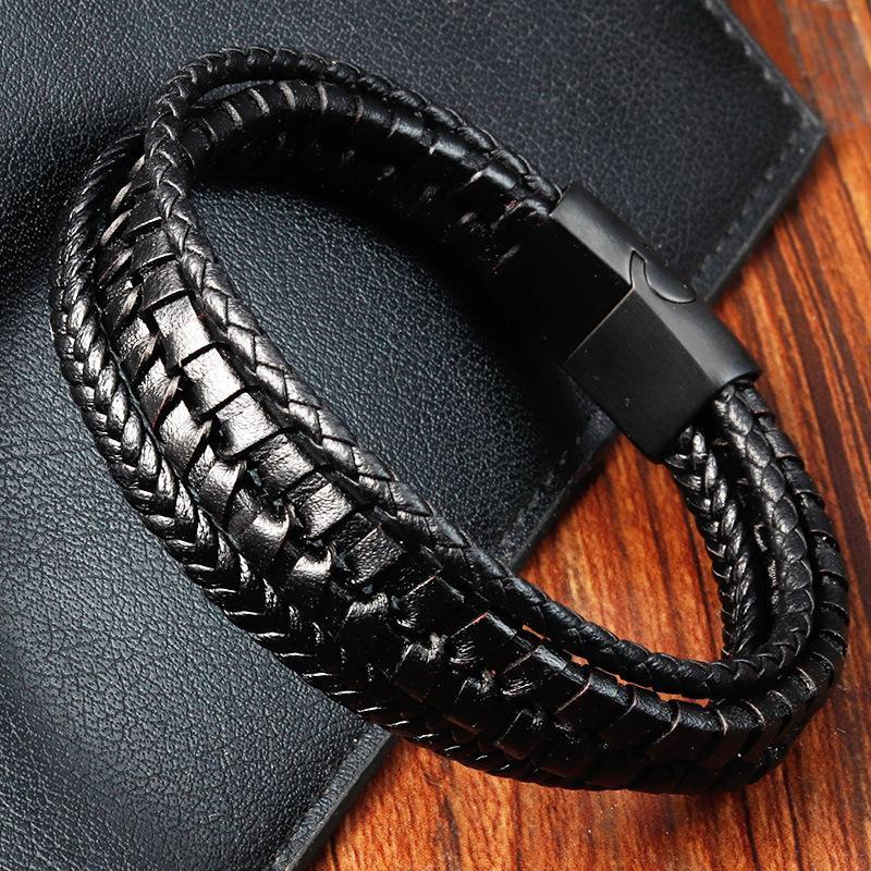 Men's Black Leather Bracelet Stainless Steel Double Layer Braided Wristband Fashion Handmade Cowhide Rope Jewelry Accessories