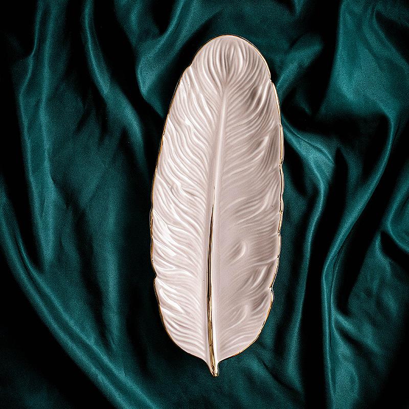 10inch Ceramic Feather Shape  Plate Gold Porcelain Dessert Jewelry Plates Dish Dinnerware Sushi Tableware Storage Tray