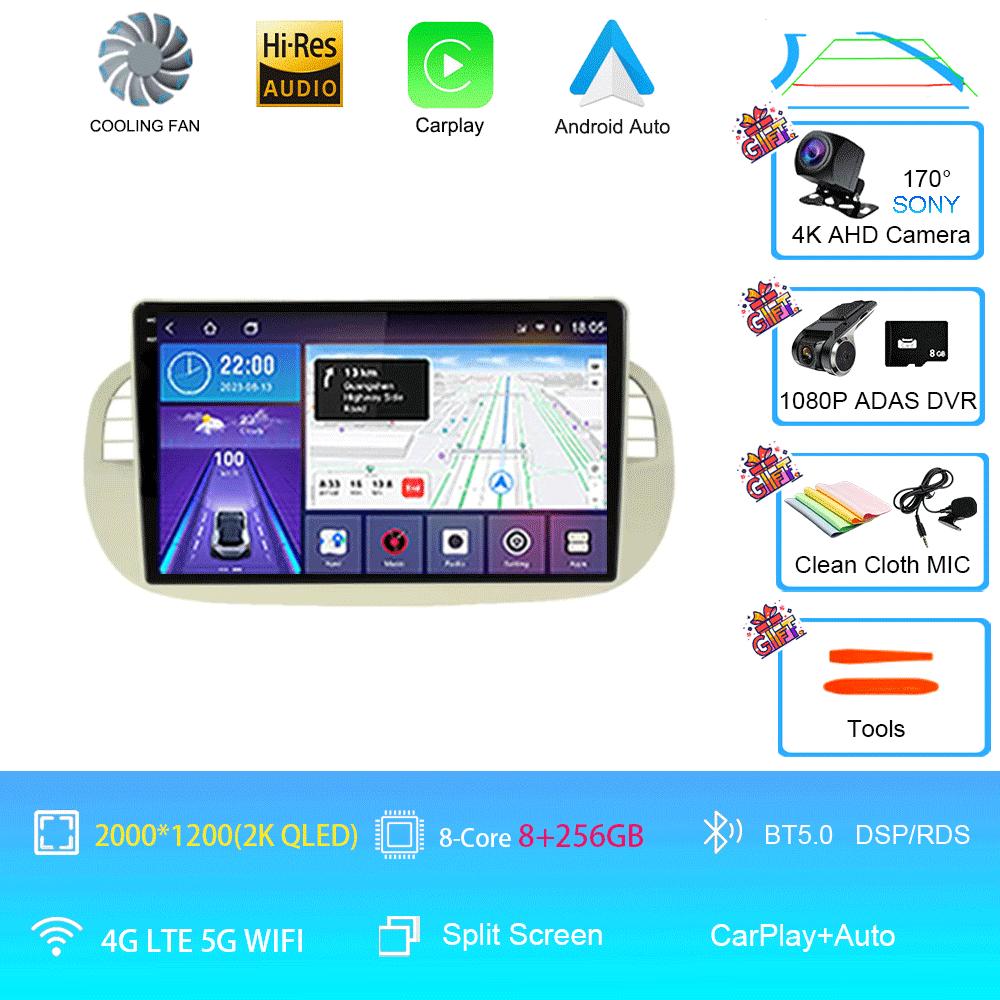 Android 14 Car Radio For Fiat 500 With GPS Navigation Steering Wheel Control Multimedia Carplay& Auto BT WIFI Stereo 360 Camera