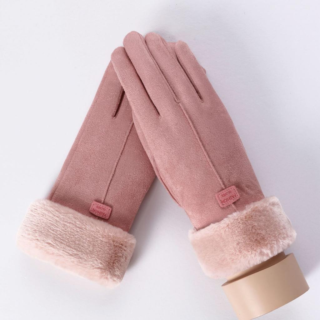 Warm Gloves Winter Suede Gloves Hair Mouth Outdoor Riding Touch Screen Fleece Thickened