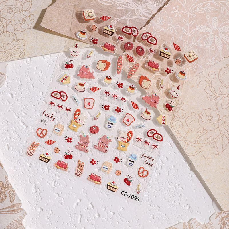 

Autumn Graffiti Cute 3D Little Bear Picnic Nail Stickers: Cross Embossed Bread & Flowers Design Maillard Little Dog Picnic [1 sheet]