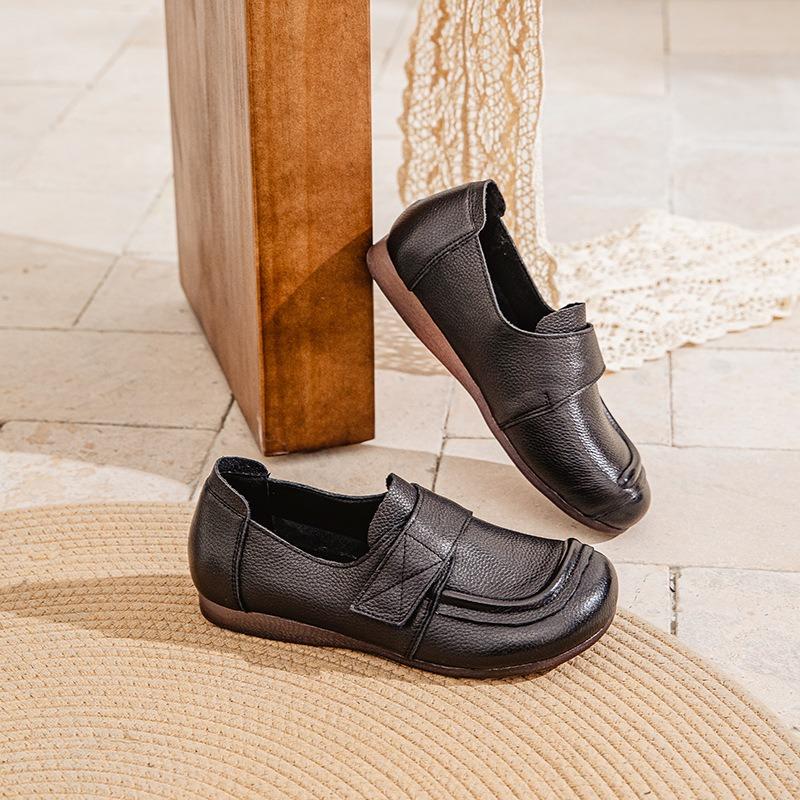 Spring Leather Beef Tendon Soft Sole Single Shoes Women's Flat Heel Deep Mouth Velcro Retro Handmade Middle and Old Mother Shoes