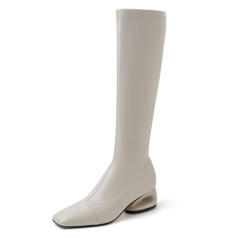 Autumn and Winter Velvet Knight Boots Square Head and Legs But Knee White Thin Boots Elastic Boots Long Boots High Boots Long Boots