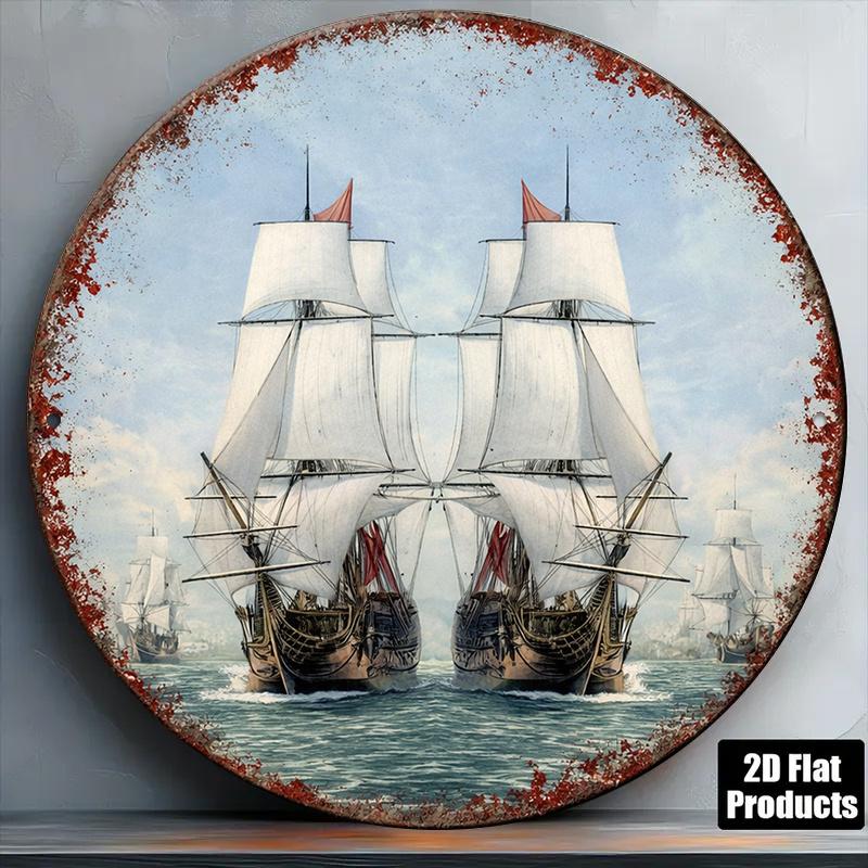 D Flat pc InXCm D Flat Round Sign Vintage Plaque about Sailboats Nautical Theme Decorative Sign Suitable for Liv