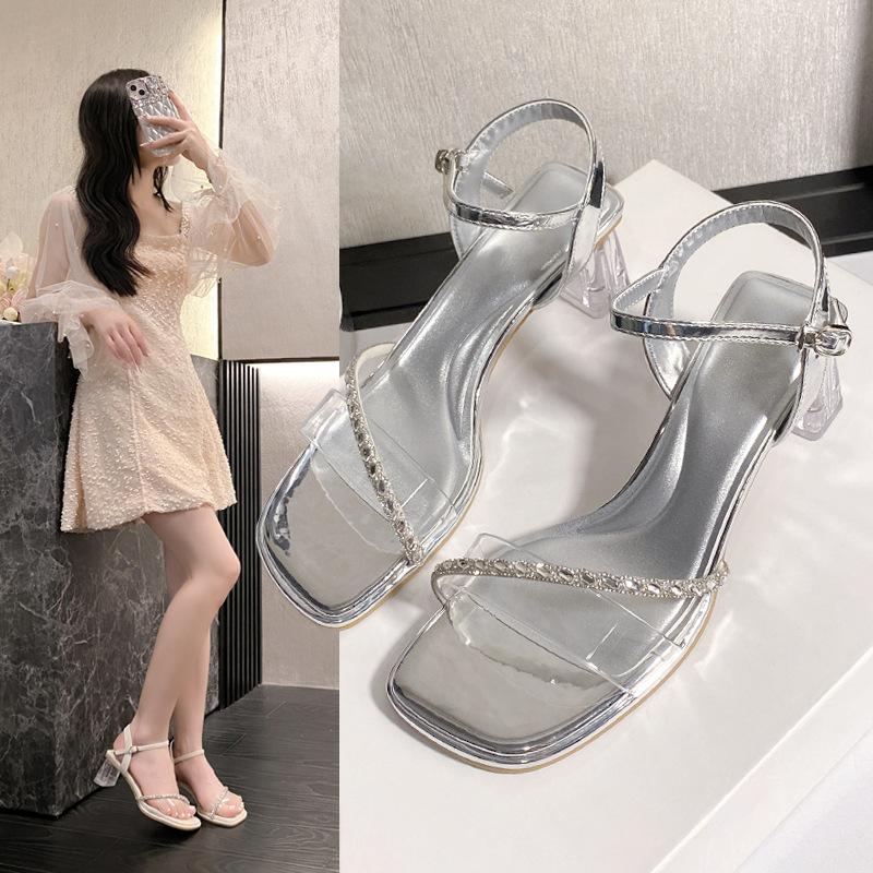 2025 Summer New Rhinestone Sandals with Thick Heels Slippers Women's Wear with Skirts Are Beautiful and Thin High Heels