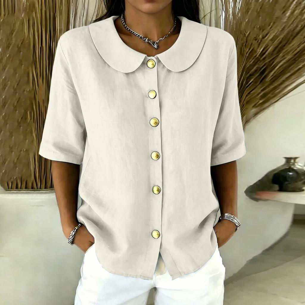 Women Button Front Short Sleeve Shirt Elegant Collar Blouse Casual Loose Fit Summer Top Lightweight Breathable Fabric
