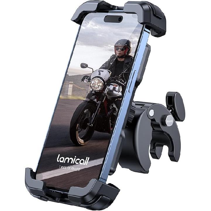 Lamicall Motorcycle Phone Mount, Bike Phone Holder - [Metal Lock] Upgrade Quick Install Handlebar Clip for Bicycle Scooter, Cell Phone Clamp for