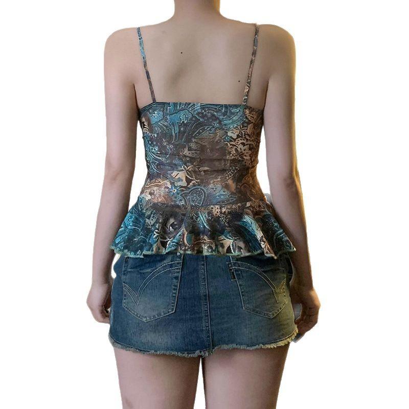 Retro ethnic style printed mesh skirt pendulum suspender temperament light and mature style V-neck waist and thin Spice Girl small vest