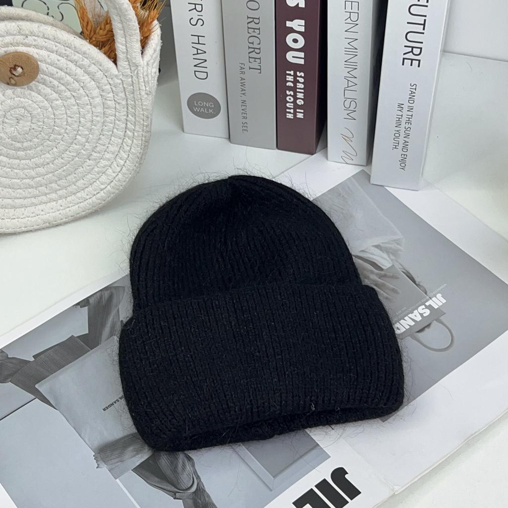 Angola rabbit fur warm solid color light board autumn and winter versatile candy color vertical stripe knitted hat women
