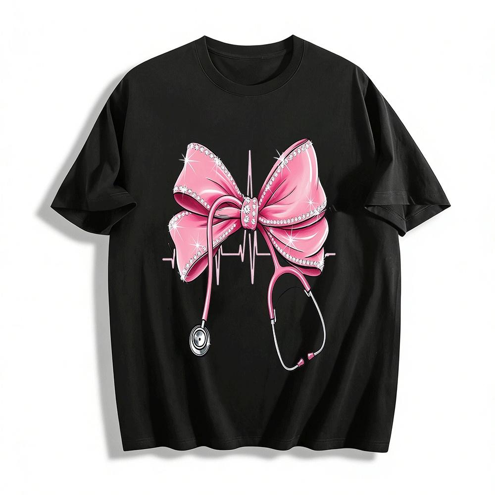 Luxury Rhinestone Bow Stethoscope Print Medical Themed Casual Top Pure cotton T-shirt XXS